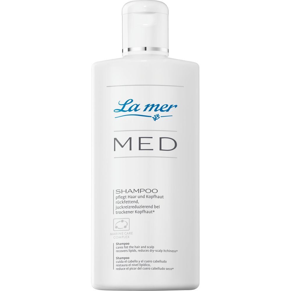 Flacon blanc La mer MED SHAMPOO. Inscription bleue La mer, MED en dessous. Texte: Shampooing pour cheveux et cuir chevelu.