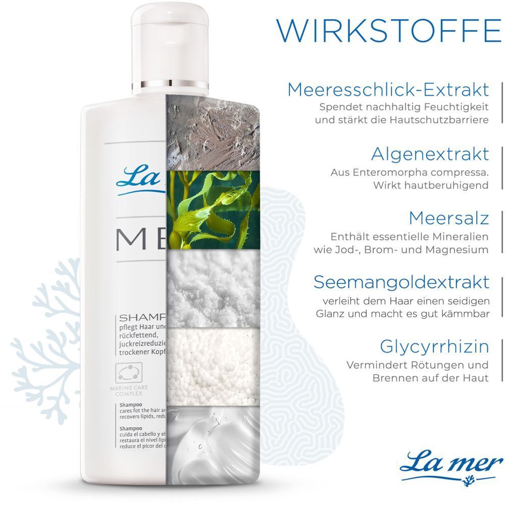 Flacon La mer MED SHAMPOO avec ingrédients: Extrait de limon marin, extrait d'algues, sel marin, extrait de mangue de mer, glycyrrhizine.