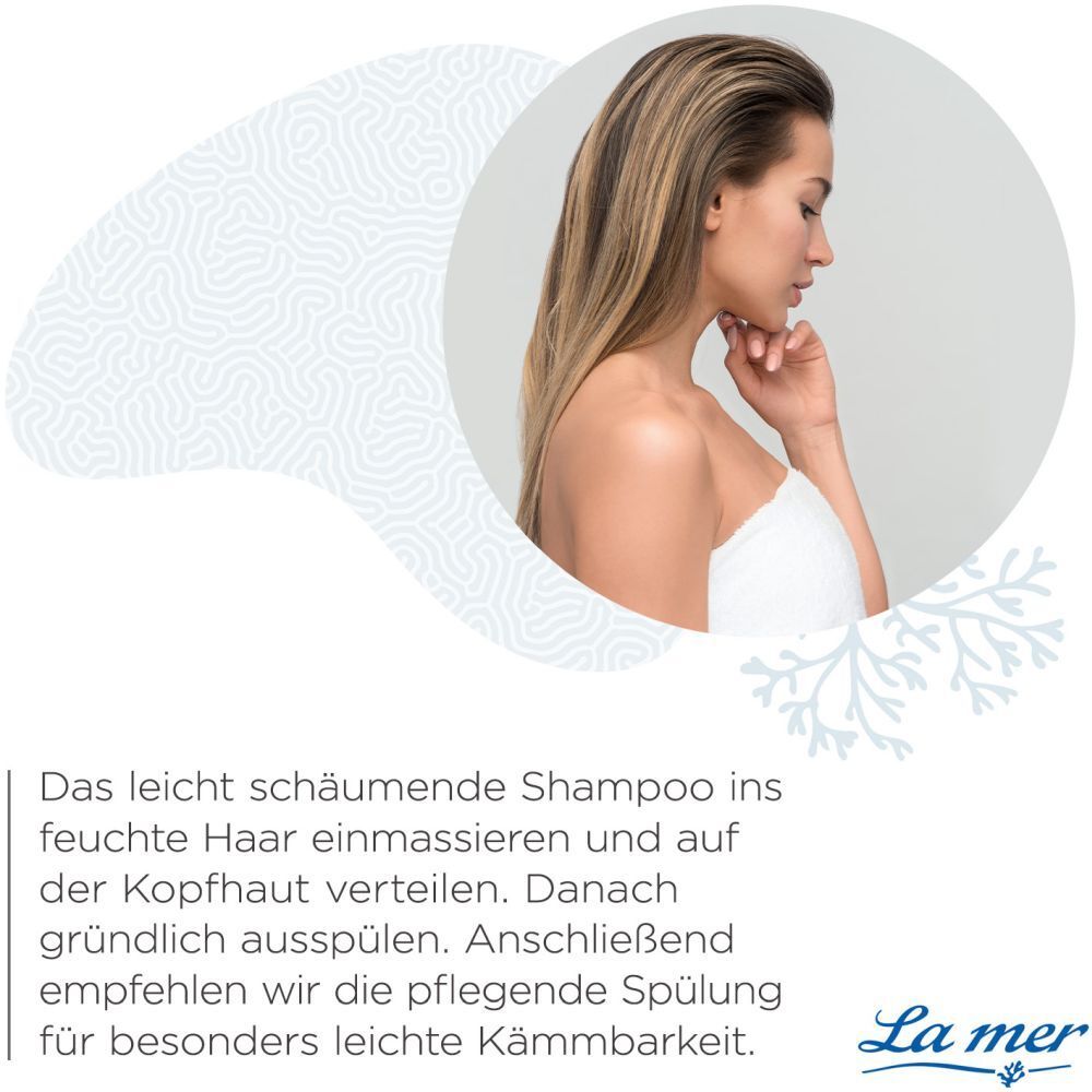Femme aux cheveux mouillés. Texte: Masser le shampooing légèrement moussant sur les cheveux mouillés et le cuir chevelu.