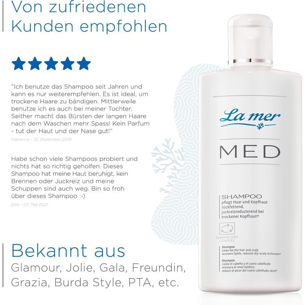 Flacon La mer MED SHAMPOO. Texte: Recommandé par des clients satisfaits. Apparaît dans Glamour, Jolie, Gala, Freundin, Grazia, Burda Style, PTA, etc.