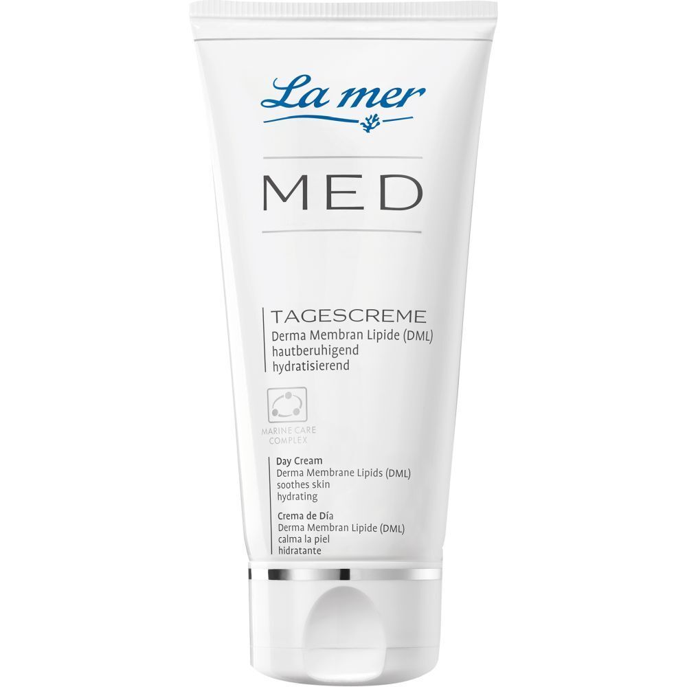 La mer MED TAGESCREME. Tube blanc avec texte bleu. Nom du produit, description et logo.