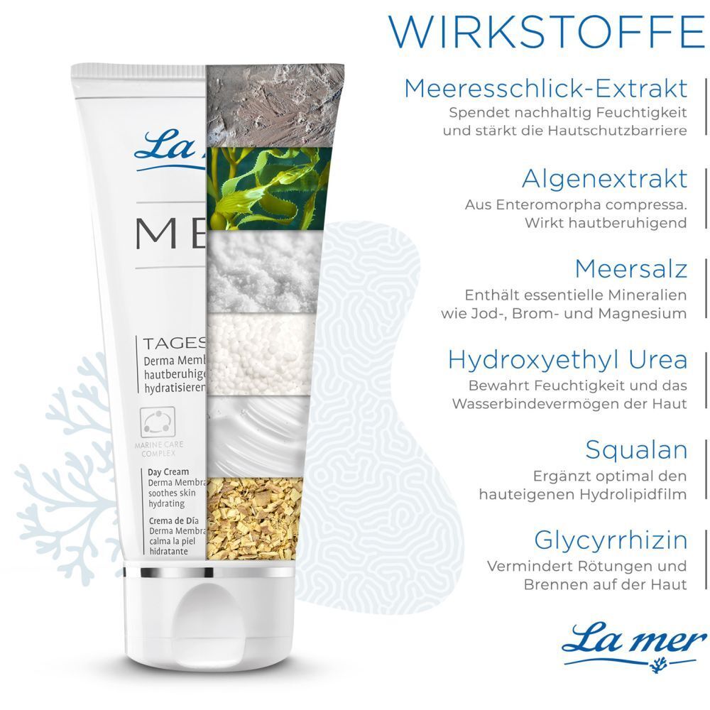 La mer MED TAGESCREME. Tube avec graphique des ingrédients. Extrait de limon marin, extrait d'algues, sel marin, urée.