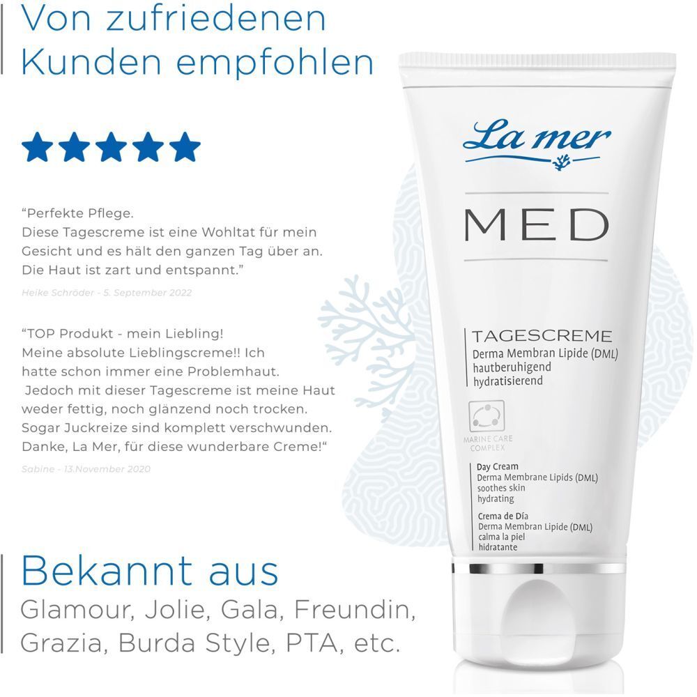 La mer MED TAGESCREME. Tube avec avis. Texte: Recommandé par des clients satisfaits. Connu de Glamour, Jolie, Gala, etc.