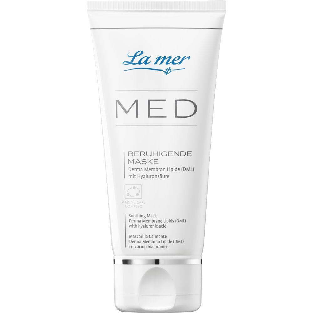 Tube blanc avec logo La mer MED et nom du produit. Contient un masque apaisant à l'acide hyaluronique.