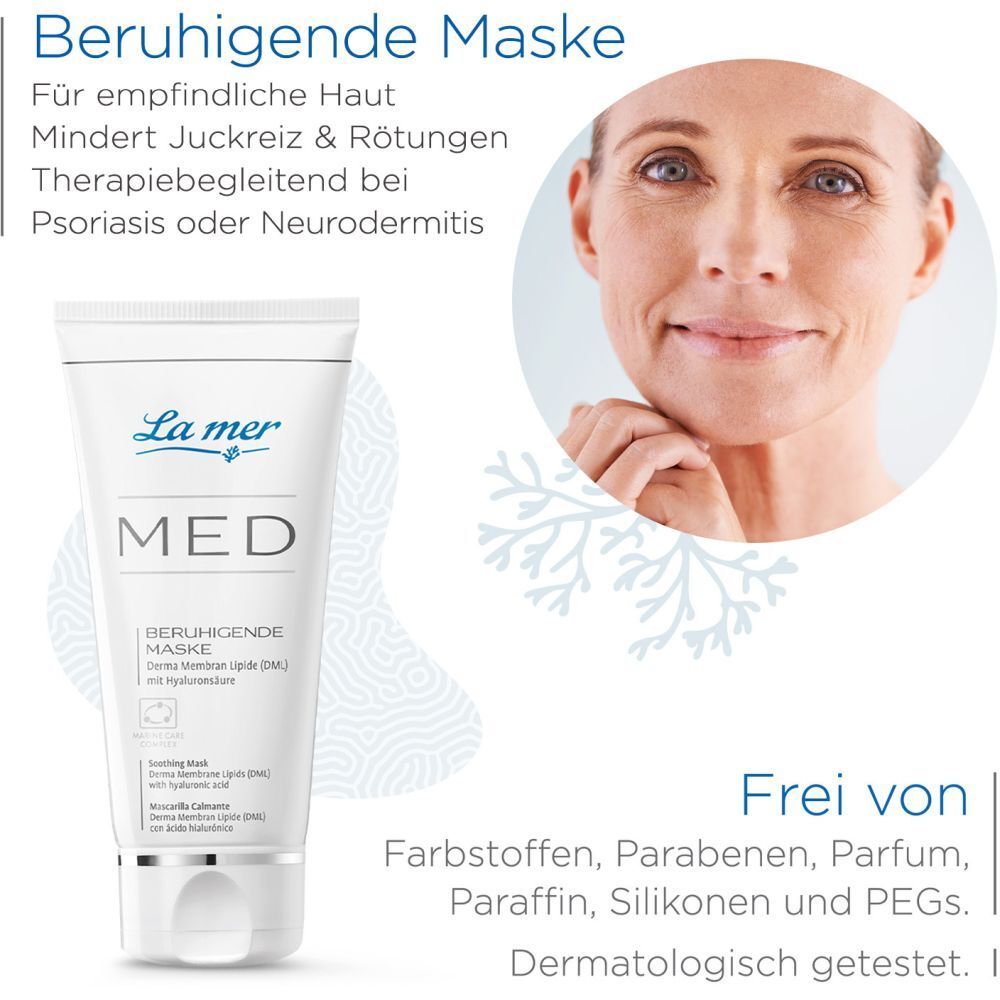 Image du produit avec une femme. Texte : Masque apaisant, pour peaux sensibles. Sans colorants, parabènes, parfum, paraffine, silicones, PEG.