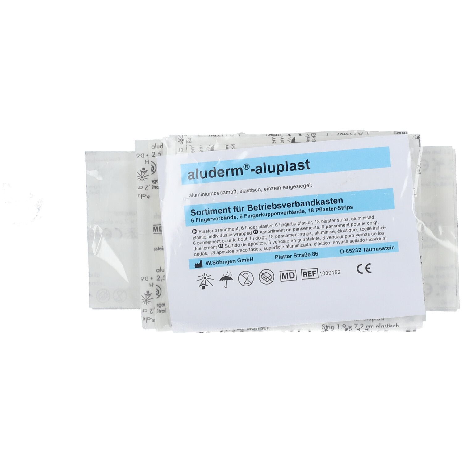 Emballage de pansements aluderm®-aluplast. Contient différents types de pansements, emballés individuellement. Inscriptions bleues et blanches.