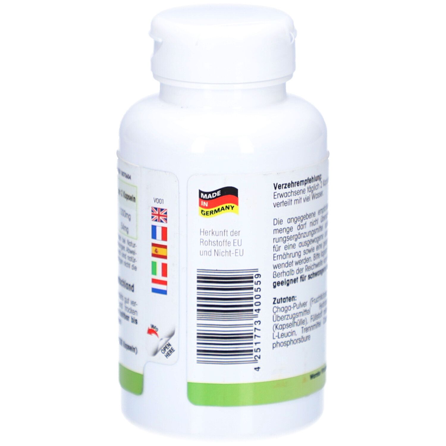 Dos du flacon blanc avec informations. Fabriqué en Allemagne. Code-barres et drapeaux des pays de l'UE et hors UE.