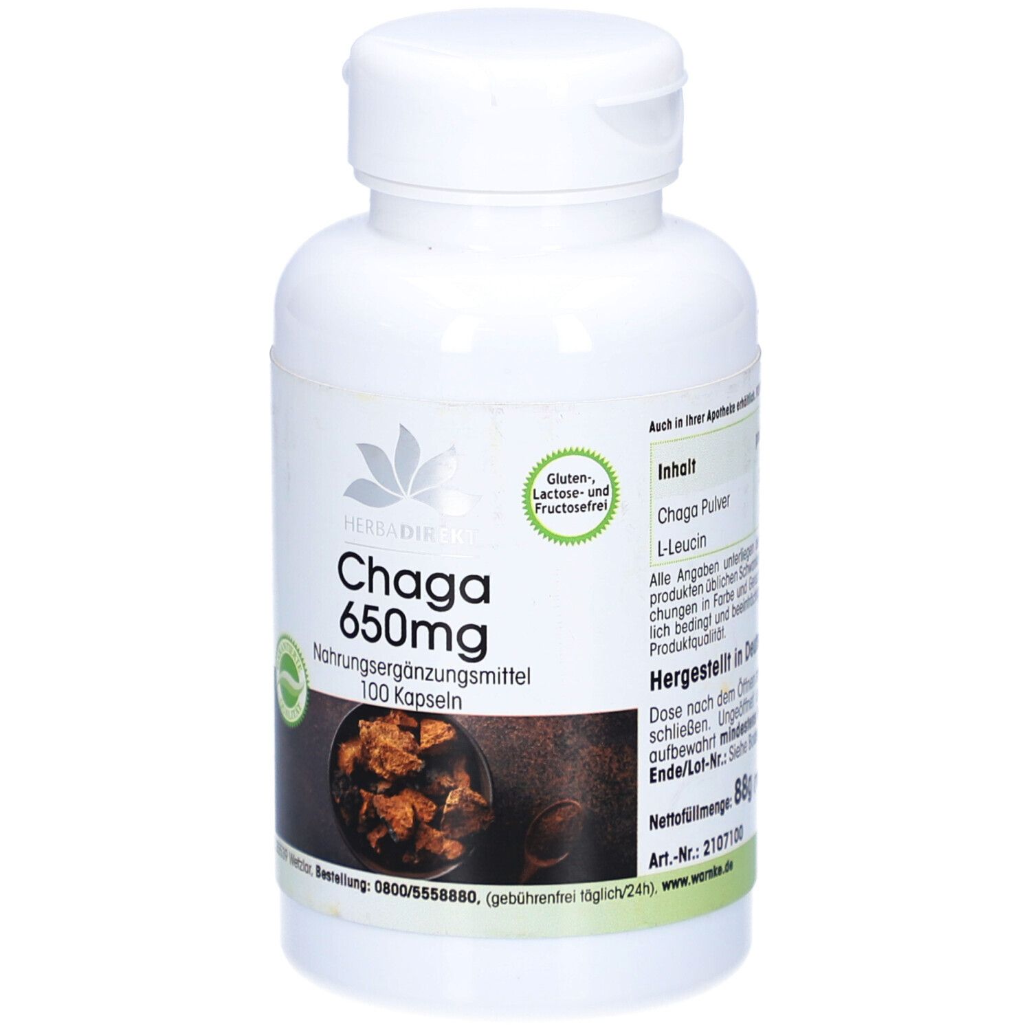 Flacon blanc avec capsules Chaga 650mg. Inscription: 100 capsules. Sans gluten, lactose et fructose.