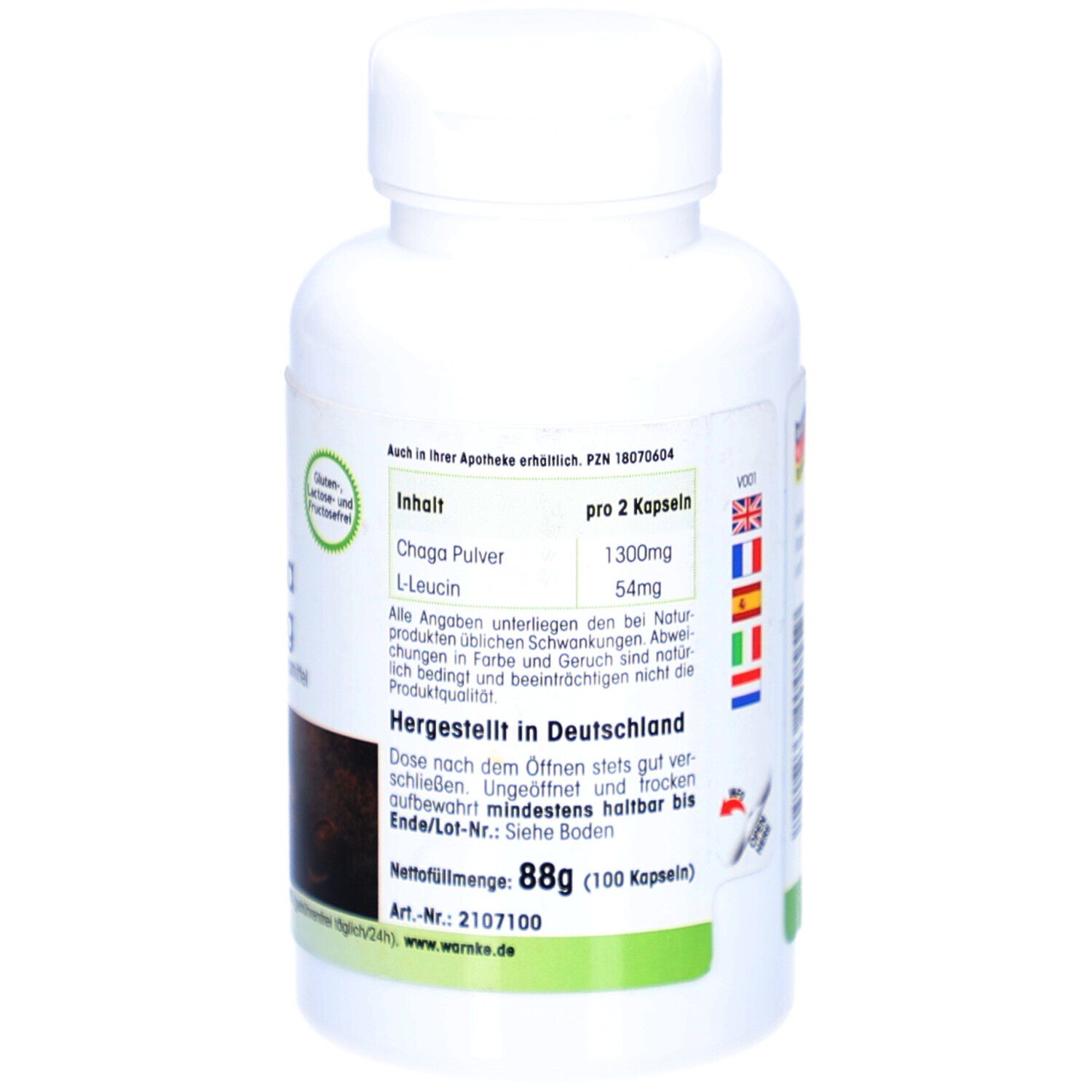 Dos du flacon blanc avec informations. Fabriqué en Allemagne. Contenu: 88g (100 capsules).