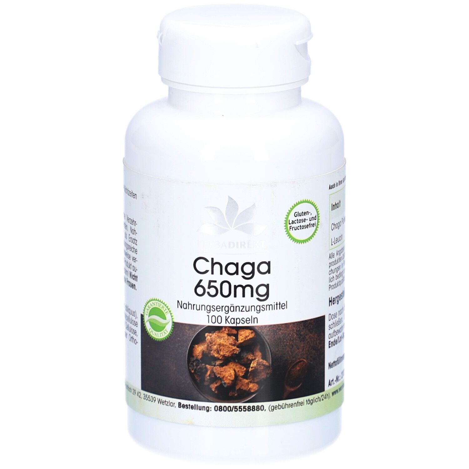 Flacon blanc avec Chaga 650mg capsules. Inscription: 100 capsules. Sans gluten, lactose et fructose.