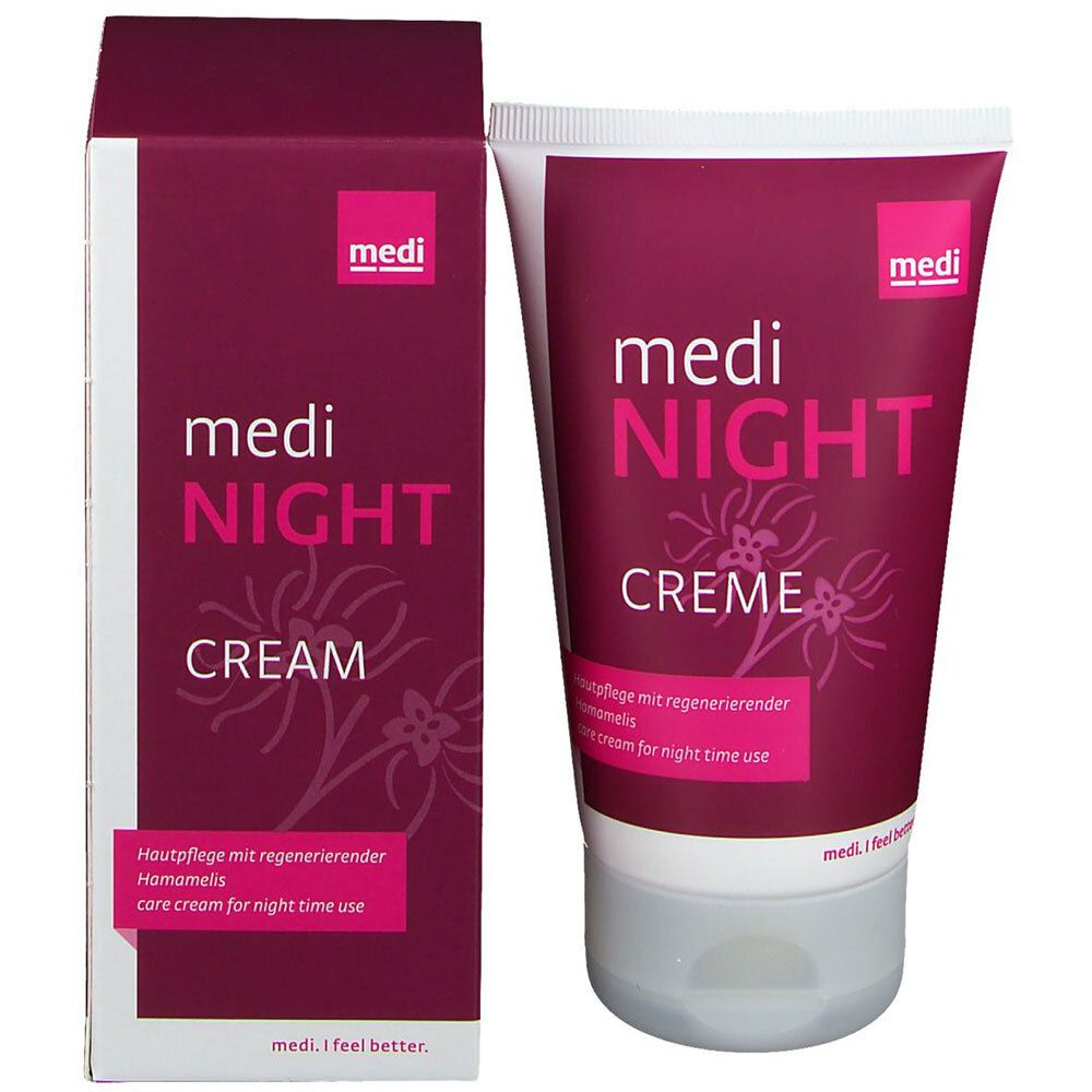 Tube et boîte de crème. Inscription : medi NIGHT CREME. Couleurs : blanc, rose et violet. Avec motif floral.