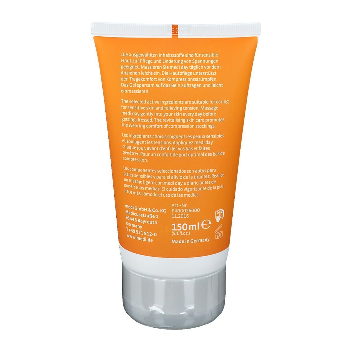 Dos du tube. Texte en allemand, anglais et français. Contient des informations sur les ingrédients et l'utilisation. 150ml.