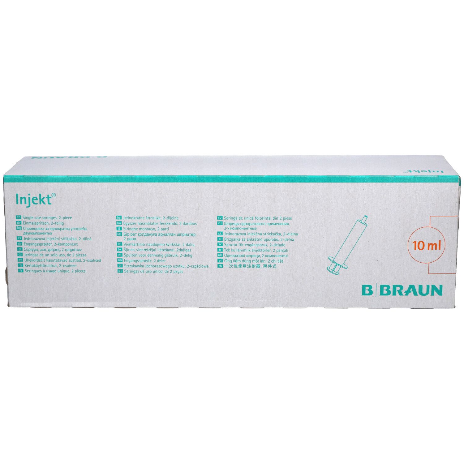 Boîte en carton avec inscription 'Injekt' et dessin d'une seringue. Texte multilingue. '10 ml' et logo B. Braun.