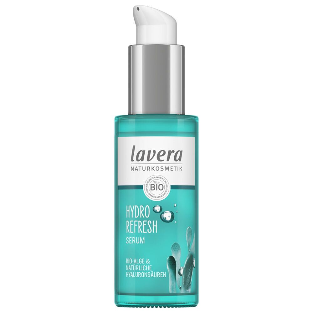 Sérum Hydro Refresh Lavera, flacon avec doseur. Liquide vert. Certification bio, label Vegan. Doseur argenté.
