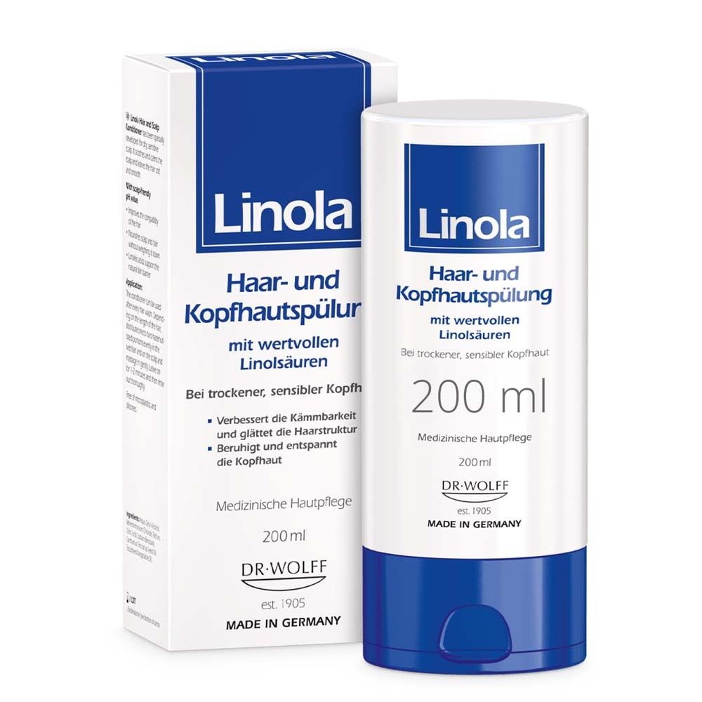 Linola Hair and Scalp Conditioner. Flacon et boîte blancs avec texte bleu. 200 ml. Soin médical de la peau.