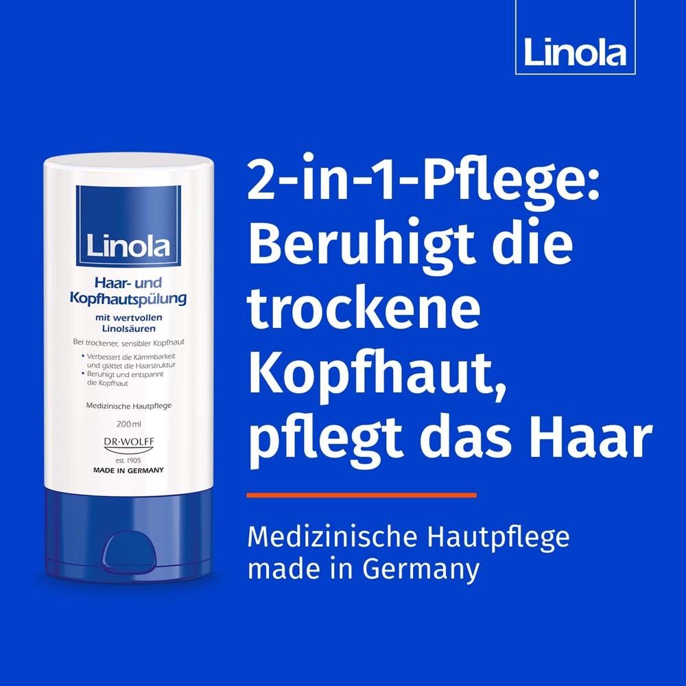 Linola Hair and Scalp Conditioner. Flacon blanc avec bouchon bleu. Texte : 2-en-1 soin. Soin médical de la peau.