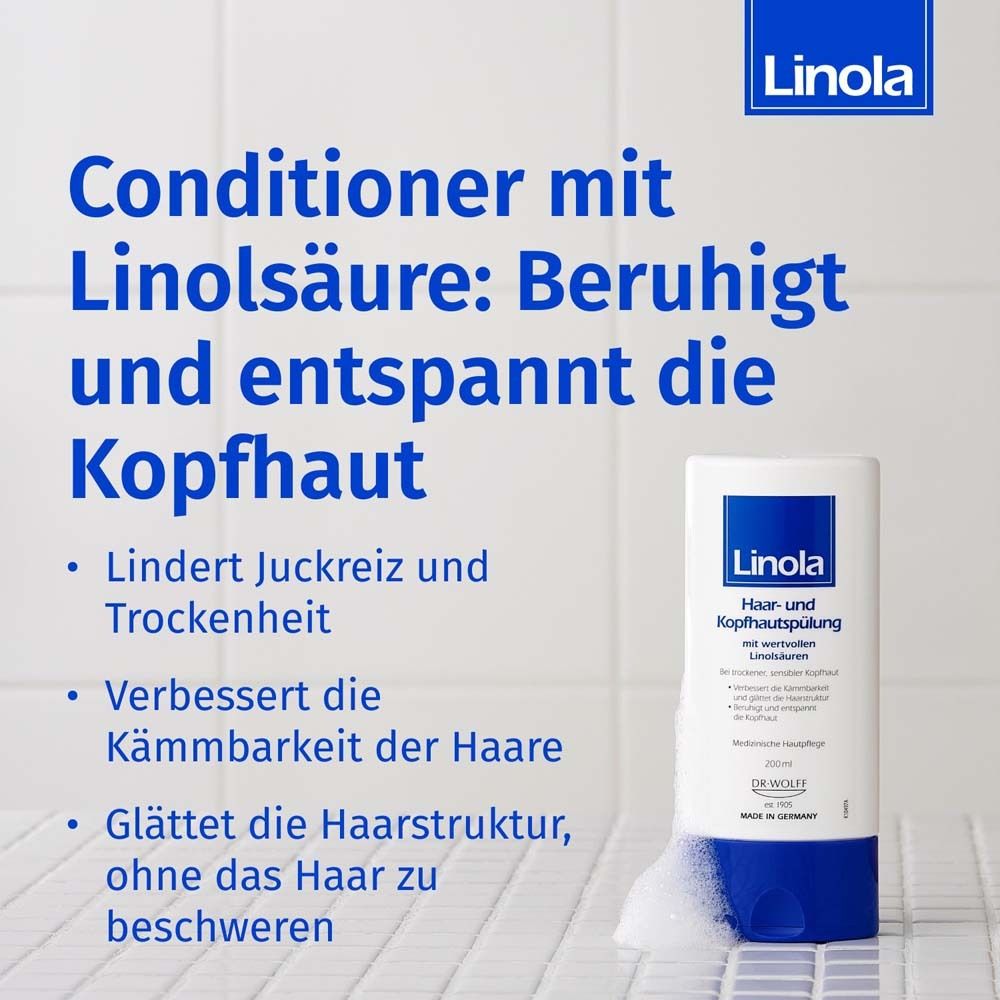 Linola Hair and Scalp Conditioner. Flacon blanc avec bouchon bleu. Texte : Conditionneur à l'acide linoléique. Soin médical.