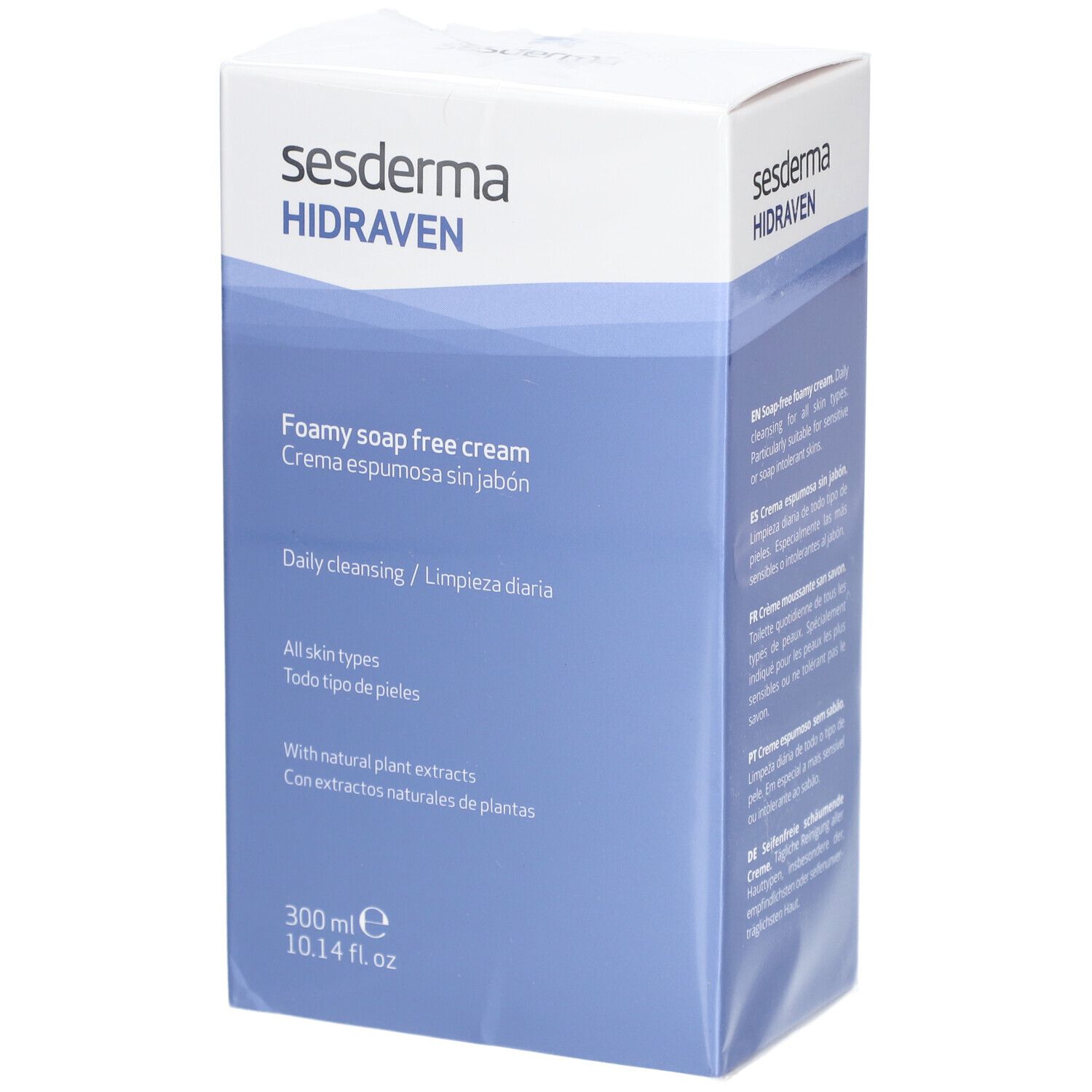 Boîte Sesderma Hidraven. Crème moussante sans savon. Inscriptions en anglais et espagnol. Fond bleu clair.