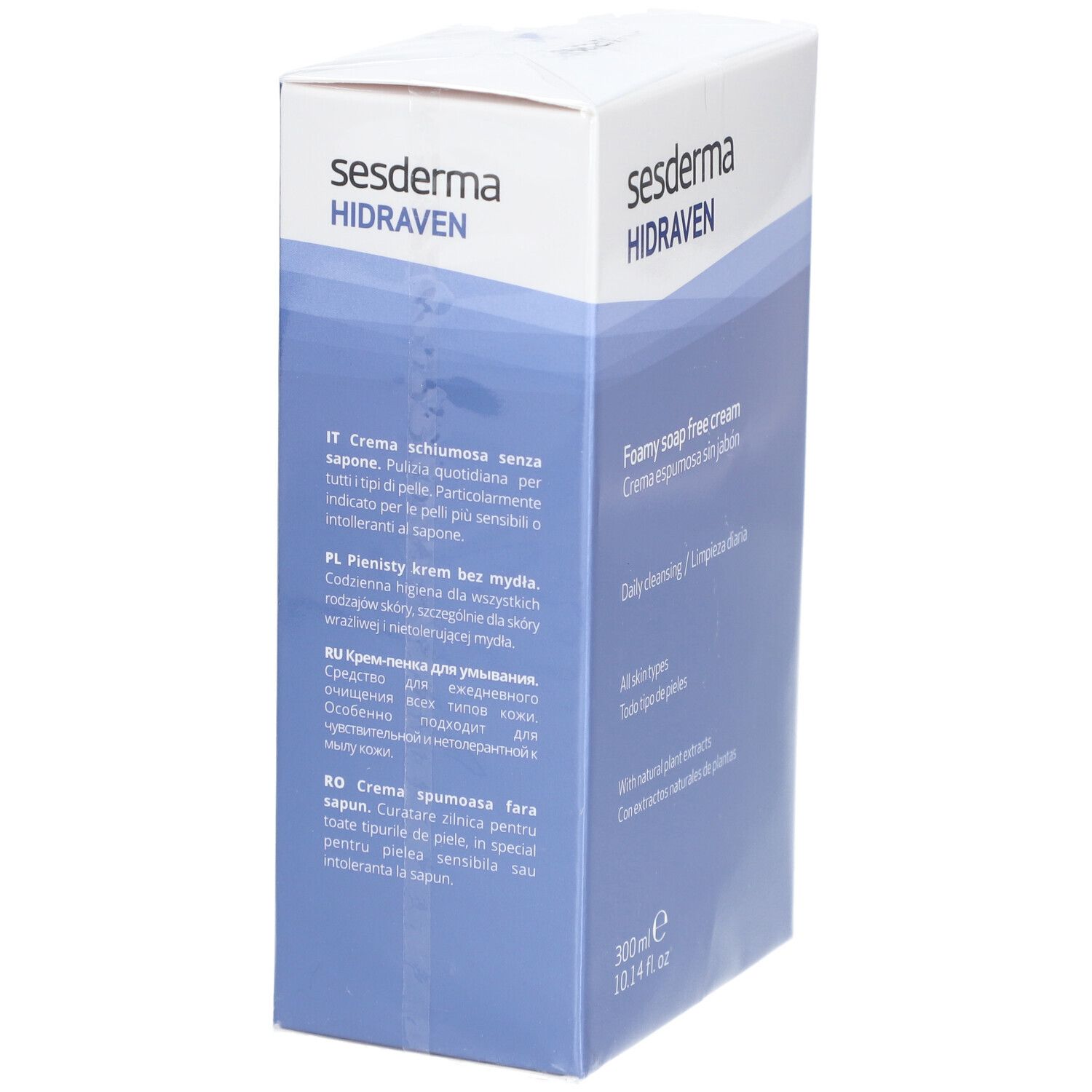 Boîte Sesderma Hidraven. Inscriptions en plusieurs langues. 300 ml. Fond bleu clair.