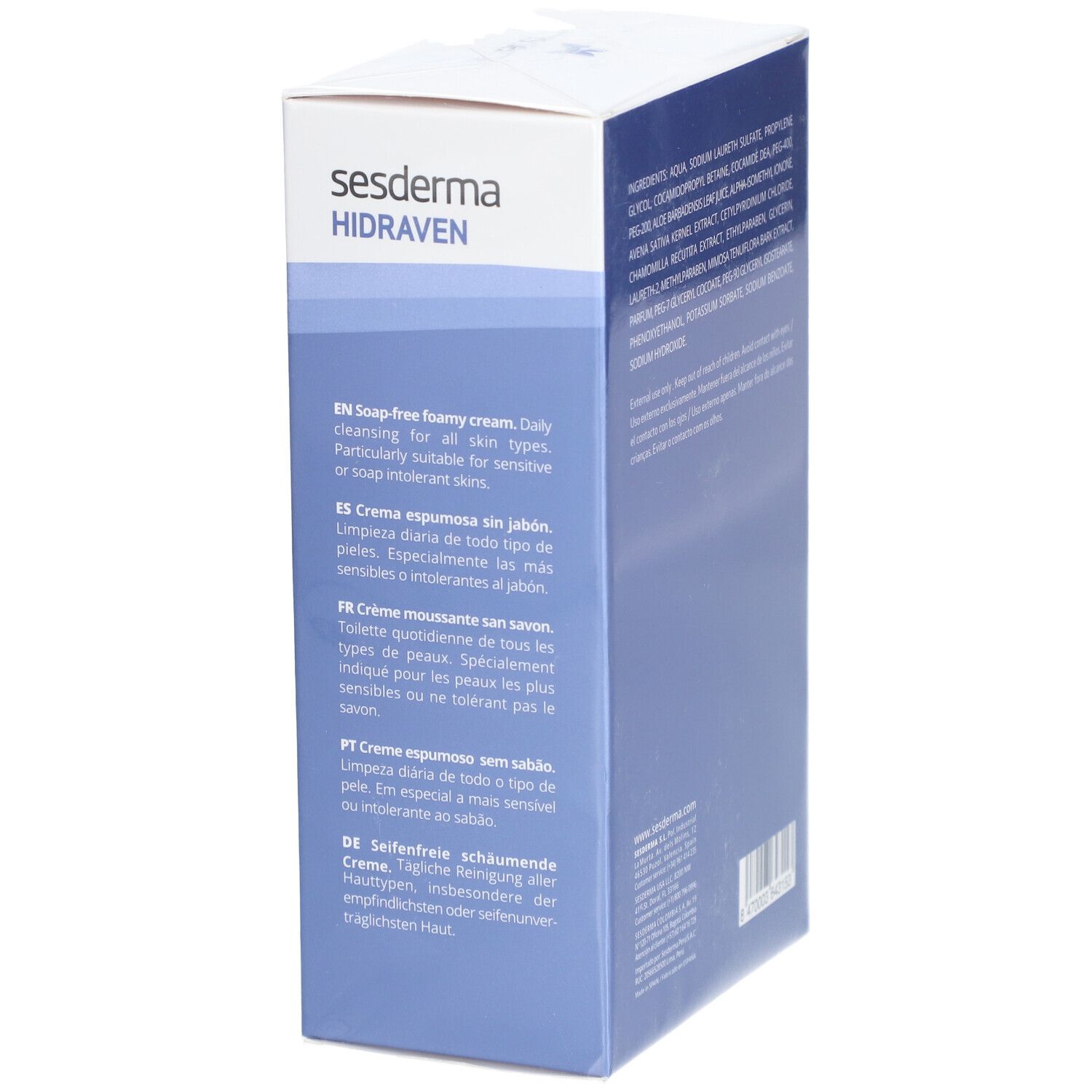 Côté de la boîte Sesderma Hidraven. Inscriptions en plusieurs langues. Fond bleu clair.