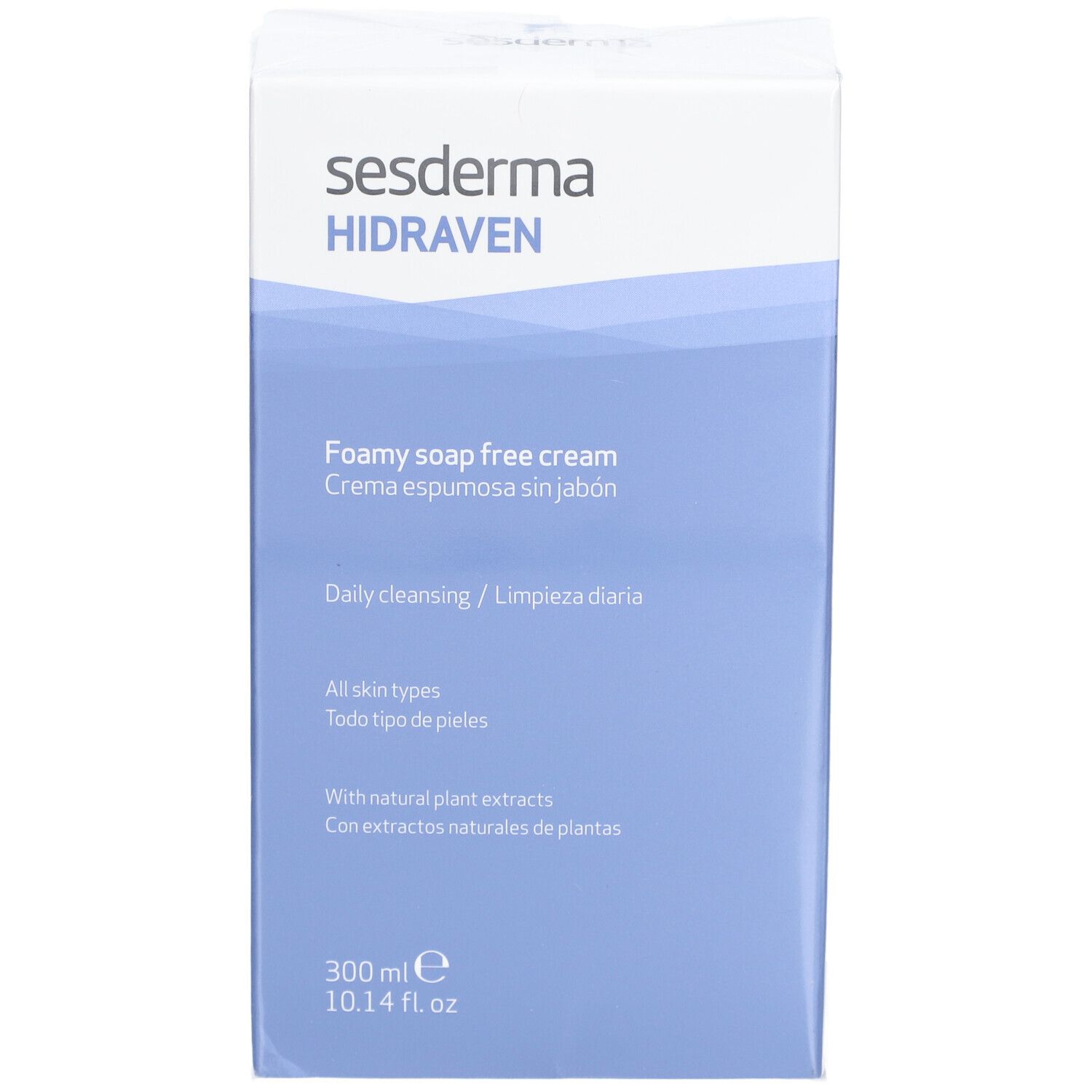 Boîte Sesderma Hidraven. Crème moussante sans savon. 300 ml. Fond bleu clair.