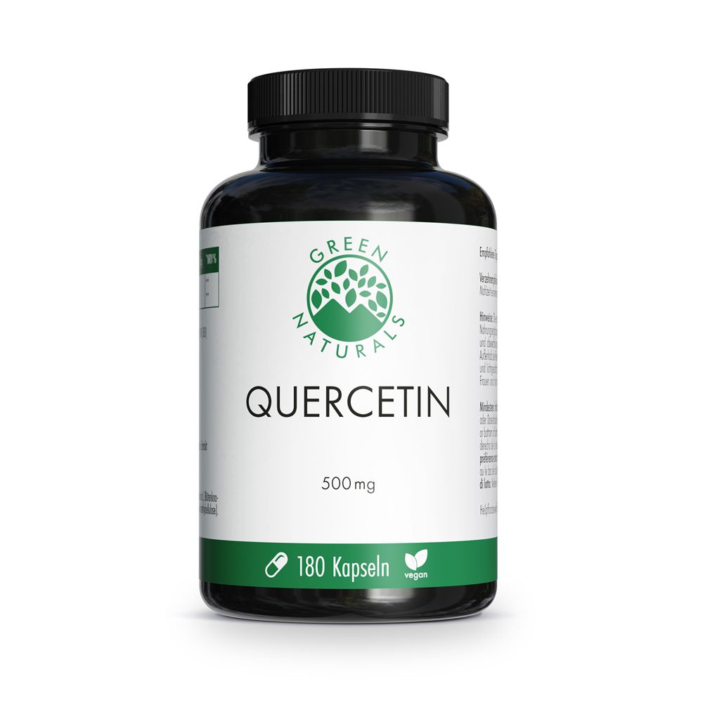 Flacon noir avec étiquette blanche. Inscription : Quercétine 500 mg, 180 gélules, végétalien. Logo vert.