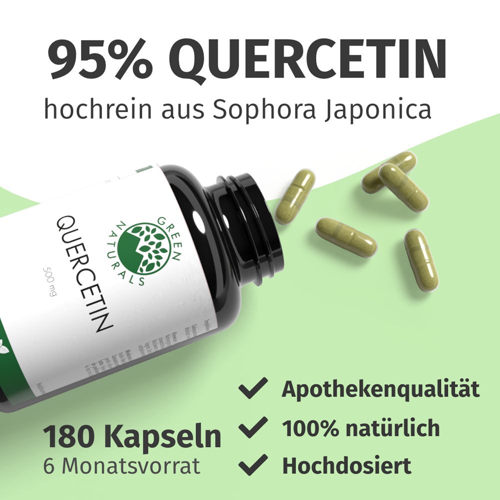 Flacon noir avec étiquette. Quercétine 500 mg, 180 gélules, végétalien. Étiquette : Fabriqué en Allemagne. Gélules.