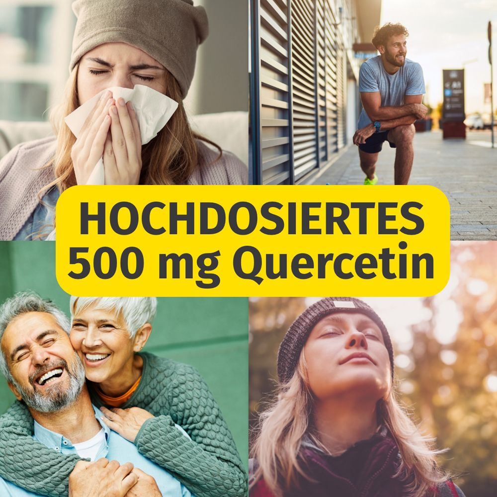 Texte : 95% Quercétine. 180 gélules. Qualité pharmacie, 100% naturel, haute dose. Gélules à côté.