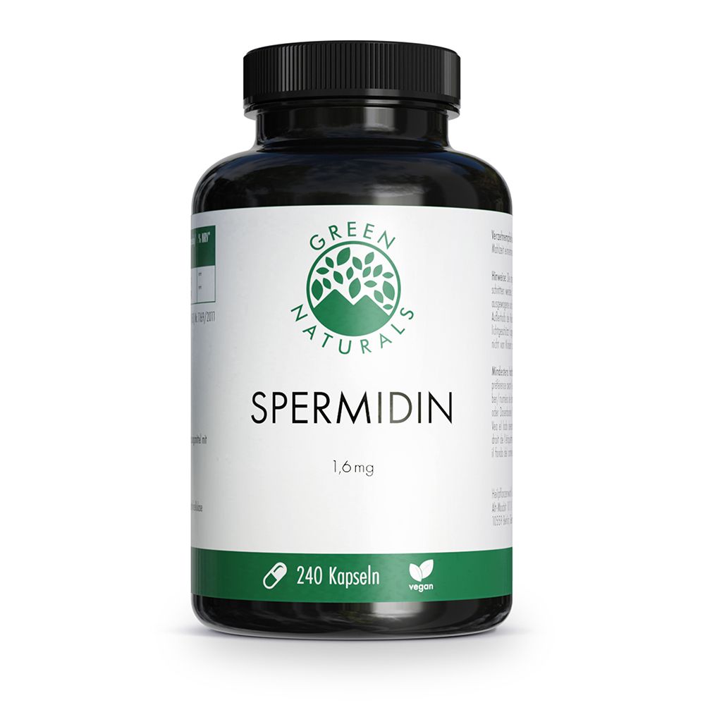 Flacon noir de 240 gélules végétaliennes de spermidine, 1,6 mg par gélule. Marque : Green Naturals.