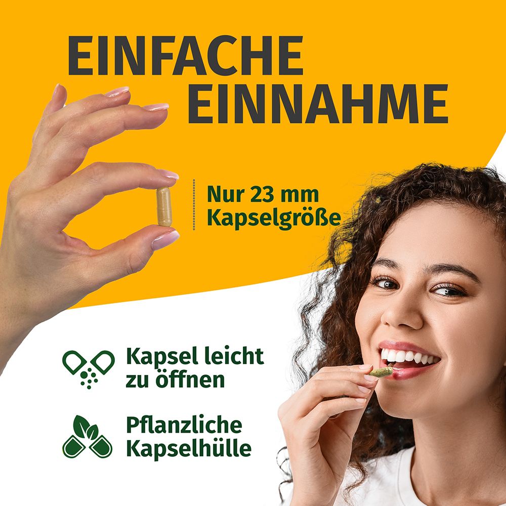 Femme prenant une gélule de 23 mm. Texte : Prise facile, enveloppe de gélule végétale, facile à ouvrir.
