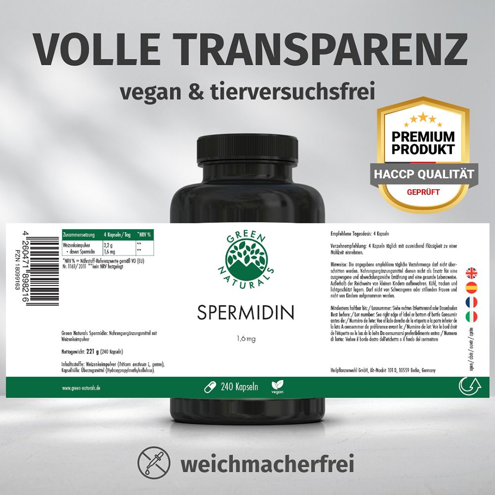 Flacon de spermidine avec étiquette. Gauche : code-barres. Droite : sceaux Produit Premium, Qualité HACCP vérifiée. Texte : Transparence totale, vegan et sans cruauté.