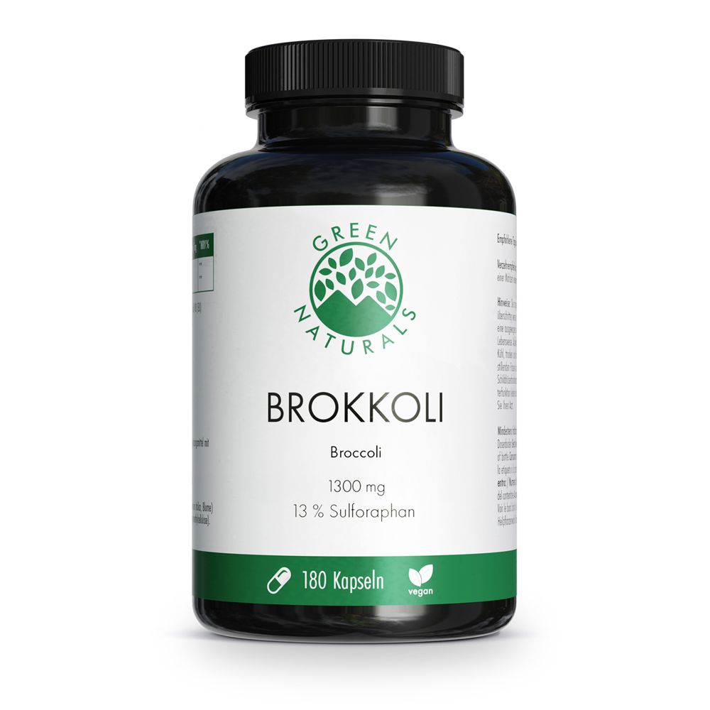 Flacon noir avec étiquette verte. Inscription : GREEN NATURALS BROKKOLI, 13% Sulforaphan, 180 gélules, vegan.