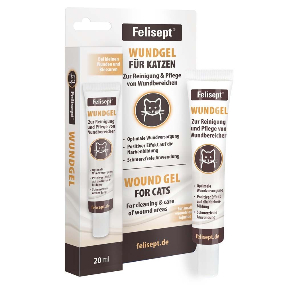 Felisept Wundgel pour chats. Tube et emballage. Texte : Wundgel, pour chats, pour le nettoyage et les soins des plaies.