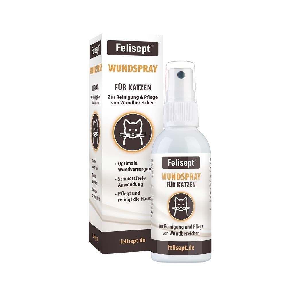 Felisept Wundspray pour chats. Flacon et emballage. Inscription : Wundspray, pour chats. Logo : chat.