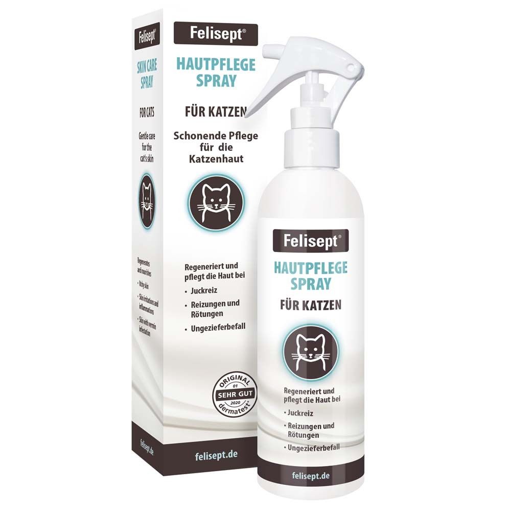 Felisept spray pour la peau des chats. Flacon blanc avec pulvérisateur et emballage. Testé dermatologiquement.