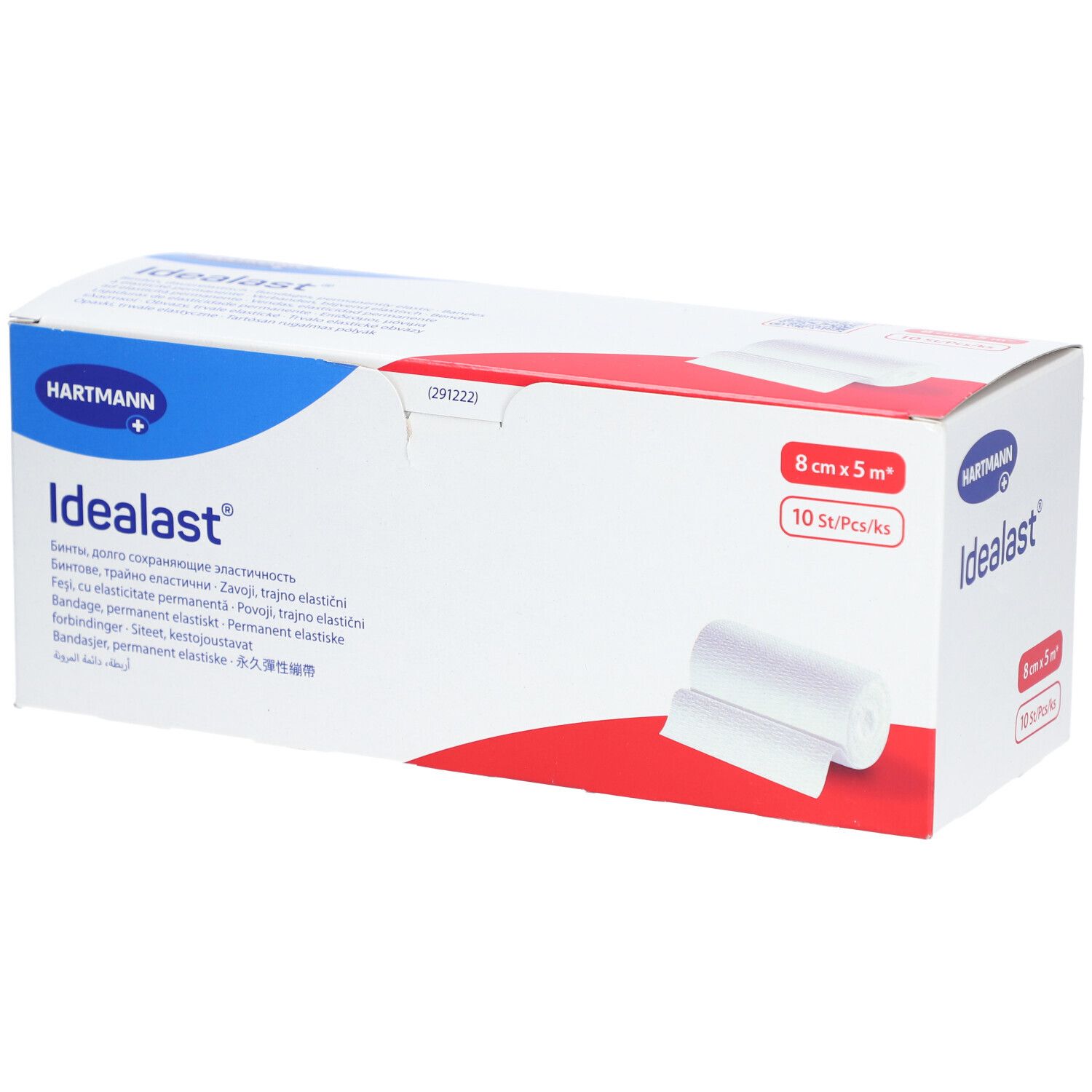 Emballage de bandage universel Idealast. 8 cm x 5 m, 10 pièces. Marque Hartmann. Bande blanche sur l'emballage.