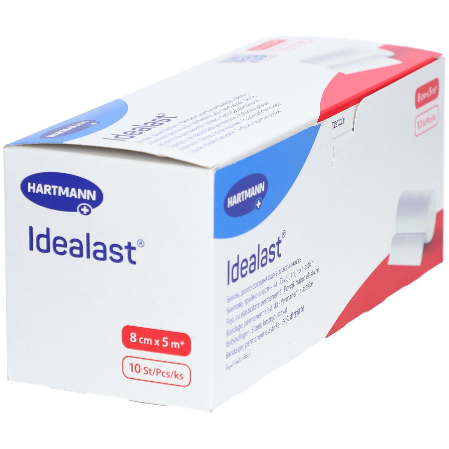 Emballage de bandage universel Idealast. 8 cm x 5 m, 10 pièces. Marque Hartmann. Emballage avec design rouge et bleu.