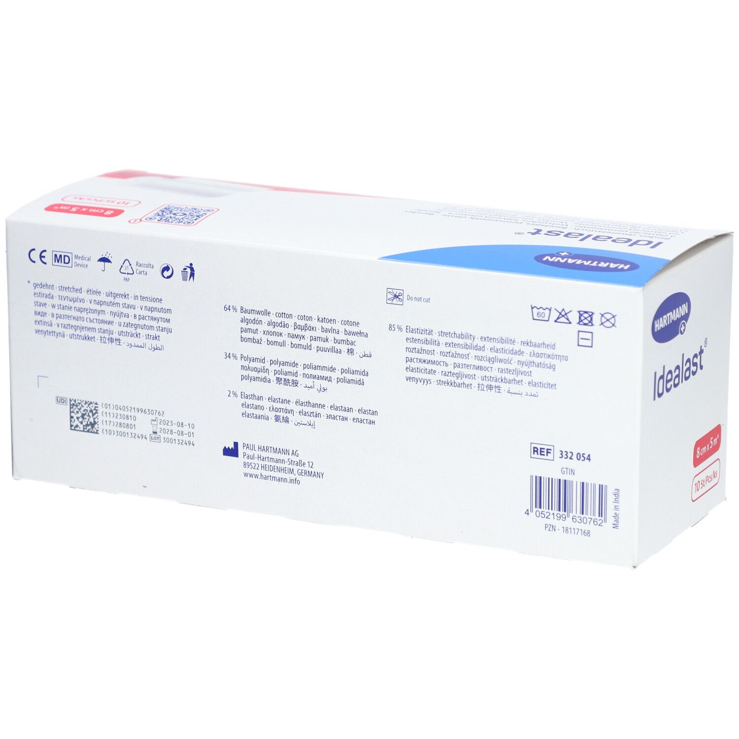 Dos de l'emballage du bandage universel Idealast. Informations sur les ingrédients, le fabricant et les symboles de lavage.