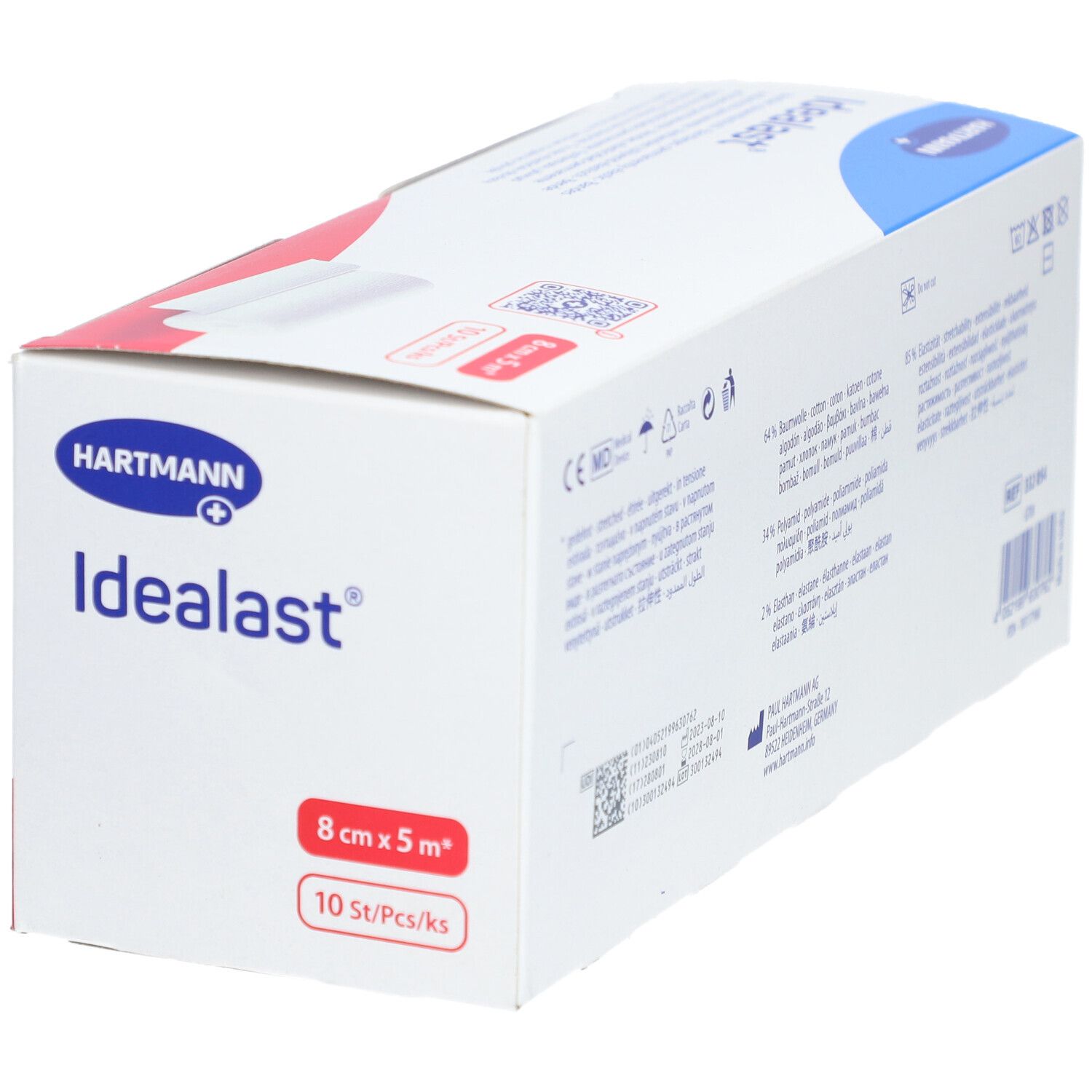 Emballage de bandage universel Idealast. 8 cm x 5 m, 10 pièces. Marque Hartmann. Emballage avec design rouge et bleu.
