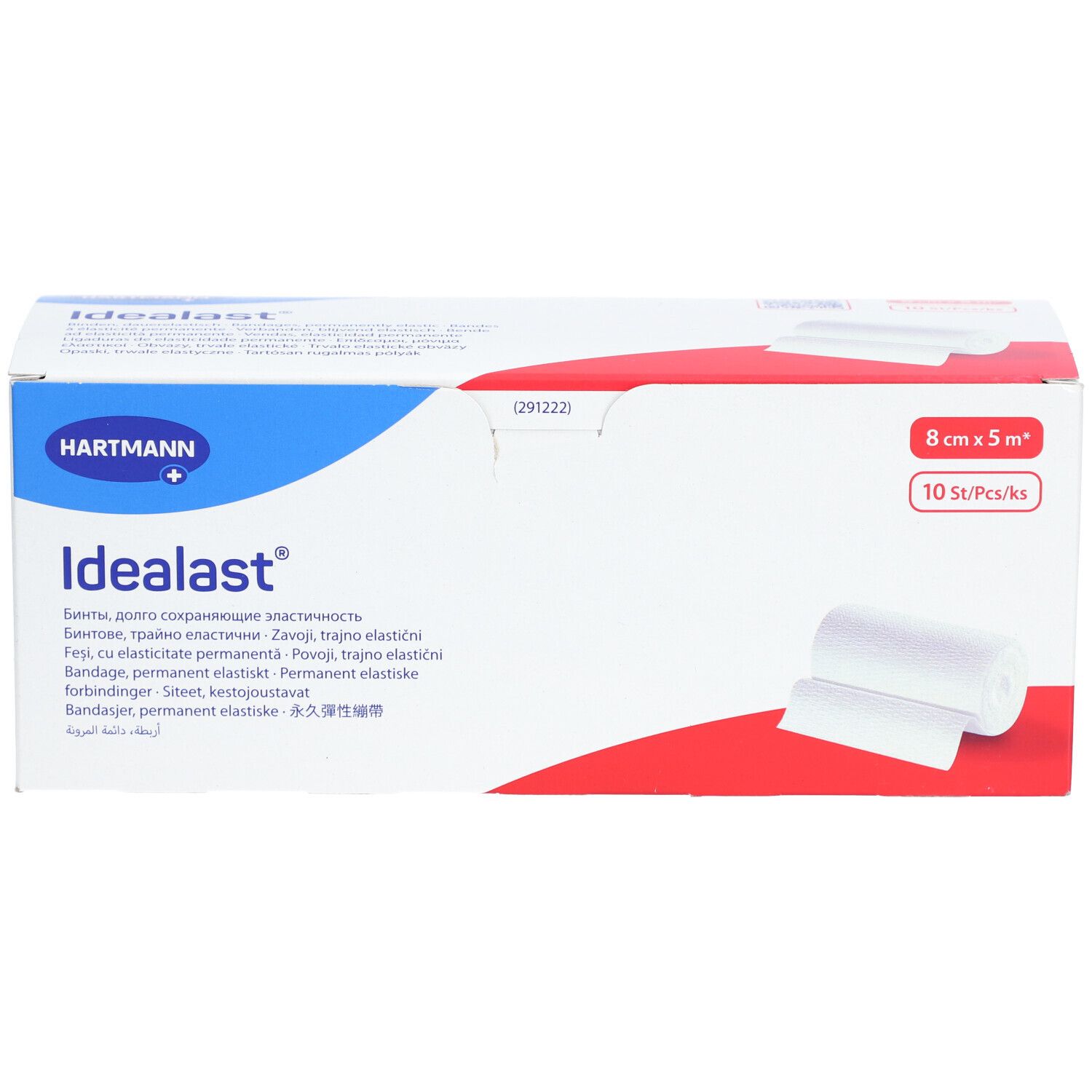 Emballage de bandage universel Idealast. 8 cm x 5 m, 10 pièces. Marque Hartmann. Bande blanche sur l'emballage.