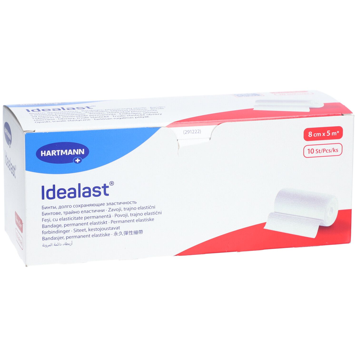 Emballage de bandage universel Idealast. 8 cm x 5 m, 10 pièces. Marque Hartmann. Bande blanche sur l'emballage.