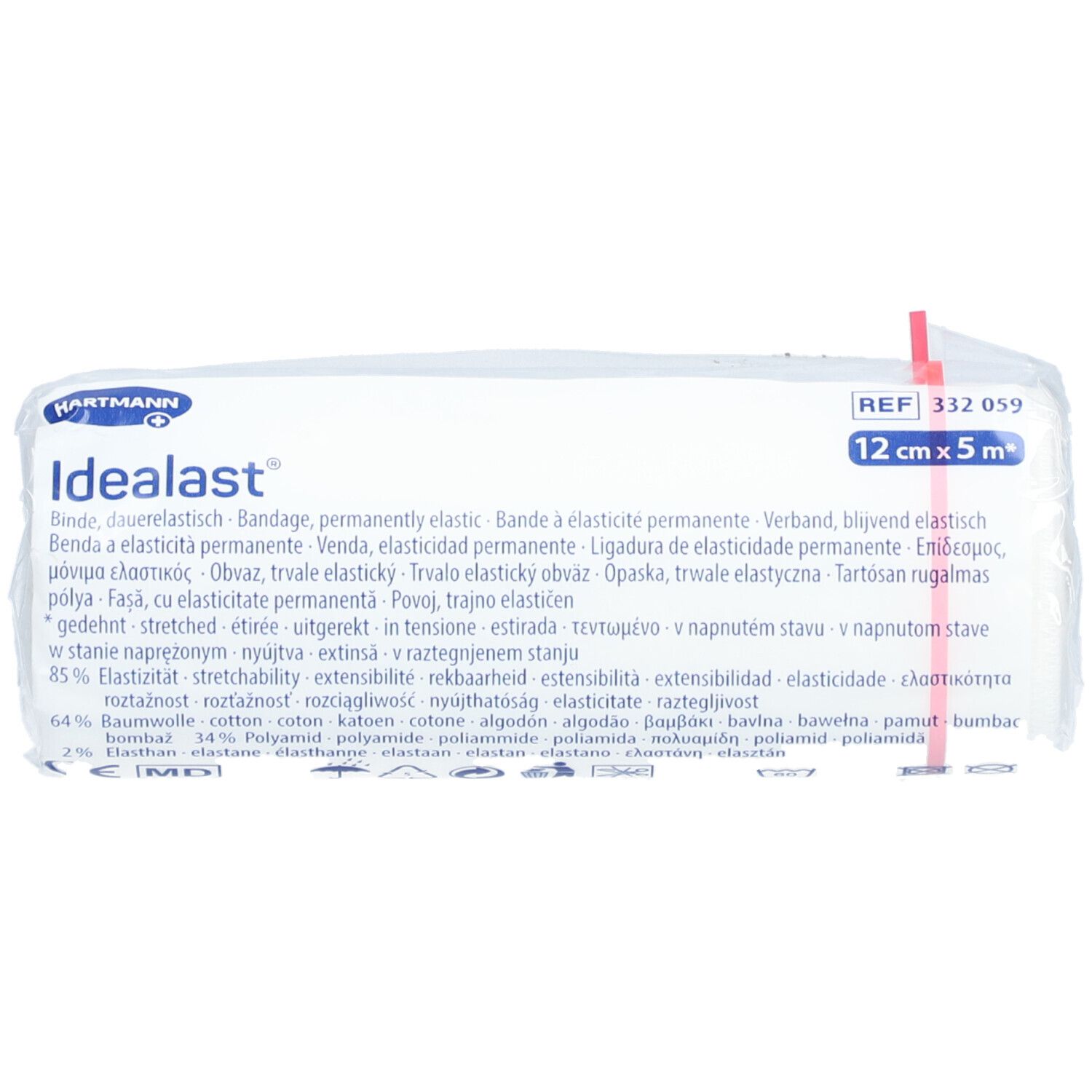Paquet de bandage IDEALAST blanc. Inscription : 12 cm x 5 m. Fabricant : HARTMANN. Texte multilingue.
