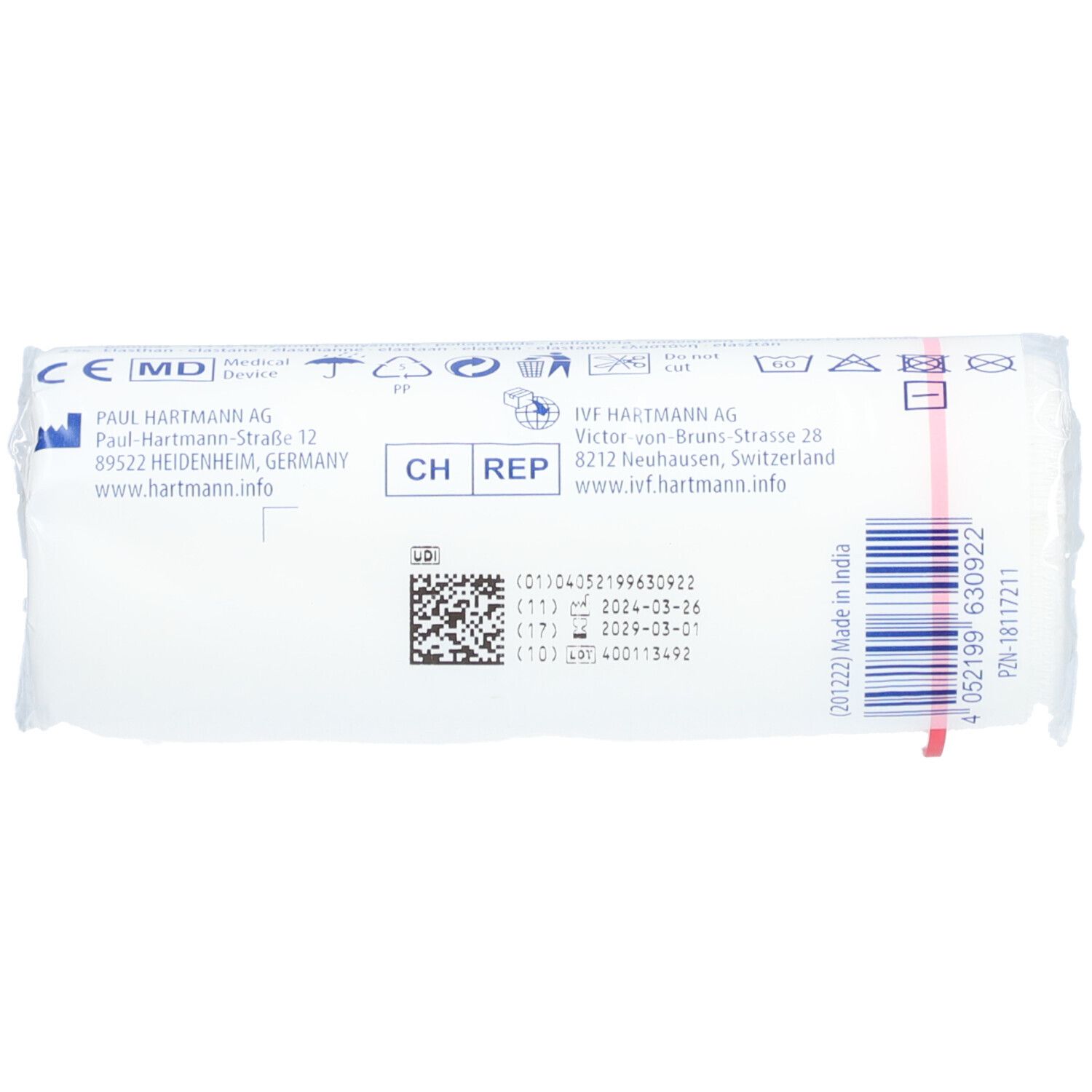 Dos du paquet de bandage. Informations du fabricant et numéro de lot. Marquage CE.