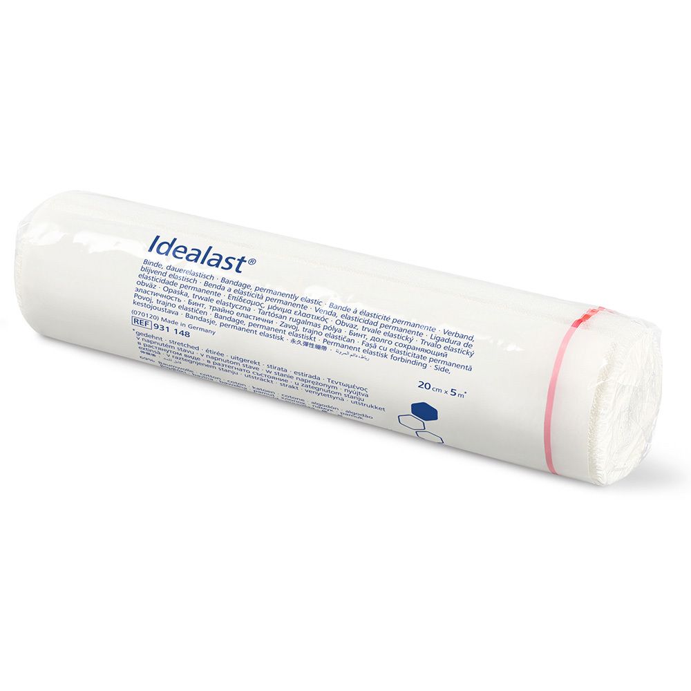 Bandage Idealast® Universalbinde blanche, roulée dans un emballage. Informations imprimées. 20 cm x 5 m.