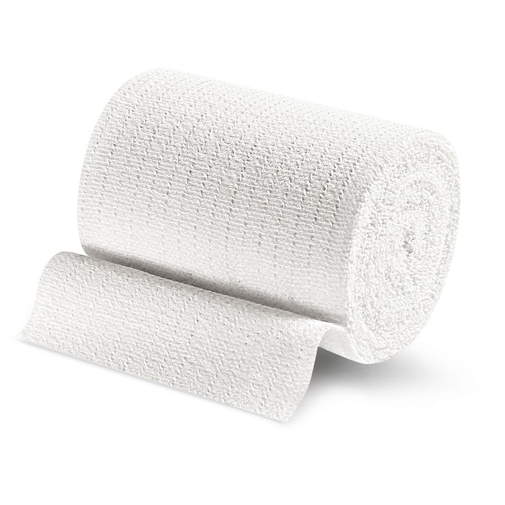 Bandage Idealast® Universalbinde blanc, roulé. Structure tissée, partiellement déroulé.