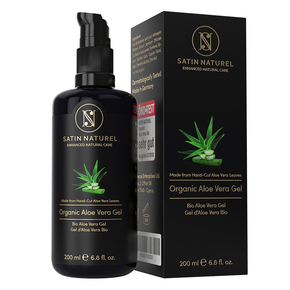 Flacon noir avec pompe et boîte, Gel Bio Aloe Vera SATIN NATUREL.