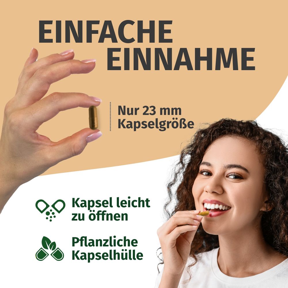 Facile à prendre: Taille de gélule 23 mm, enveloppe végétale.
