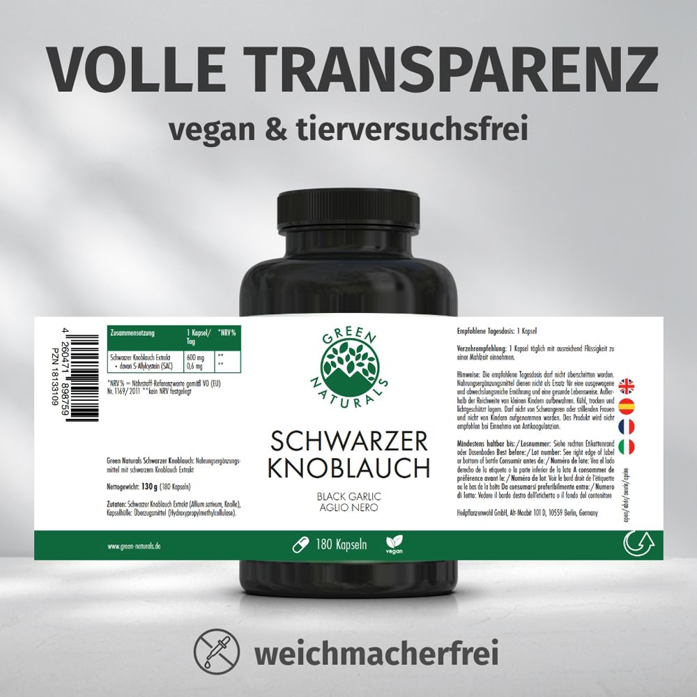 Transparence totale: Végan & sans cruauté. Gélules d'ail noir.