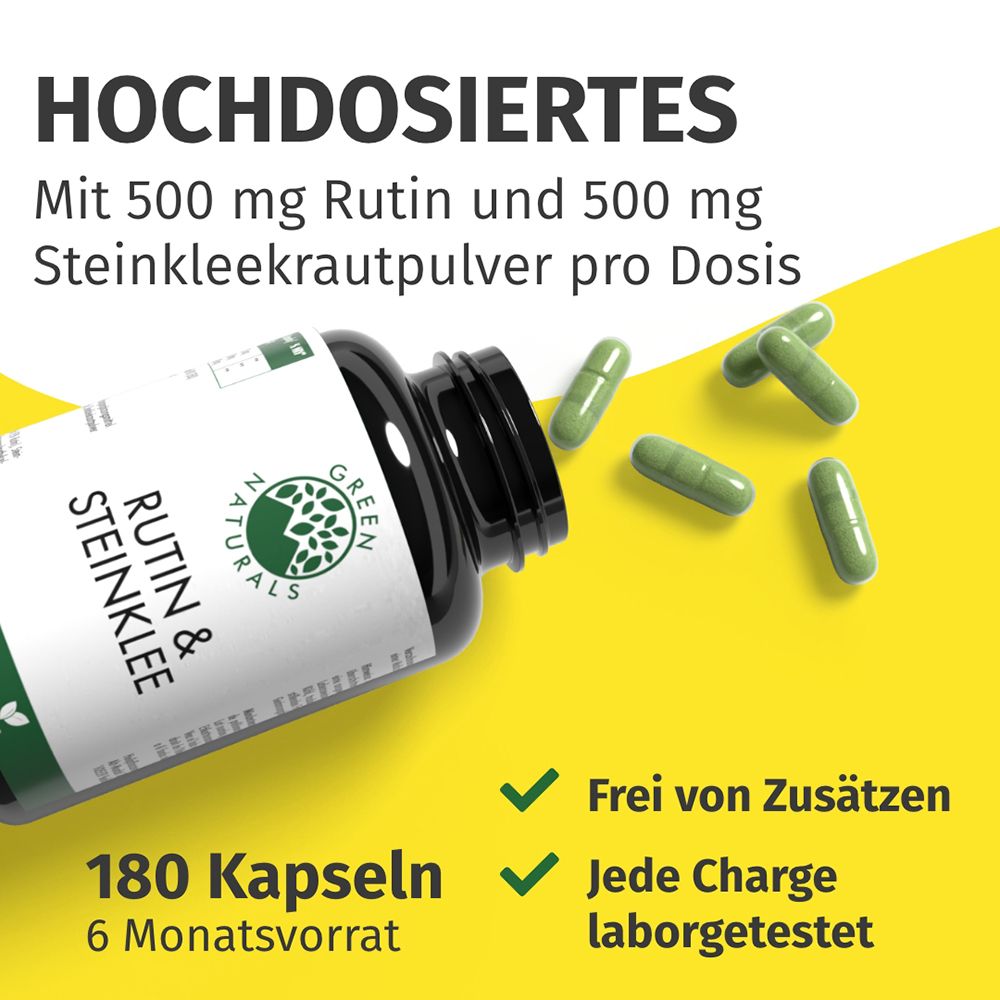 Pot de Rutin & Steinklee, 180 gélules. À côté, des gélules vertes et un extrait de l'étiquette.