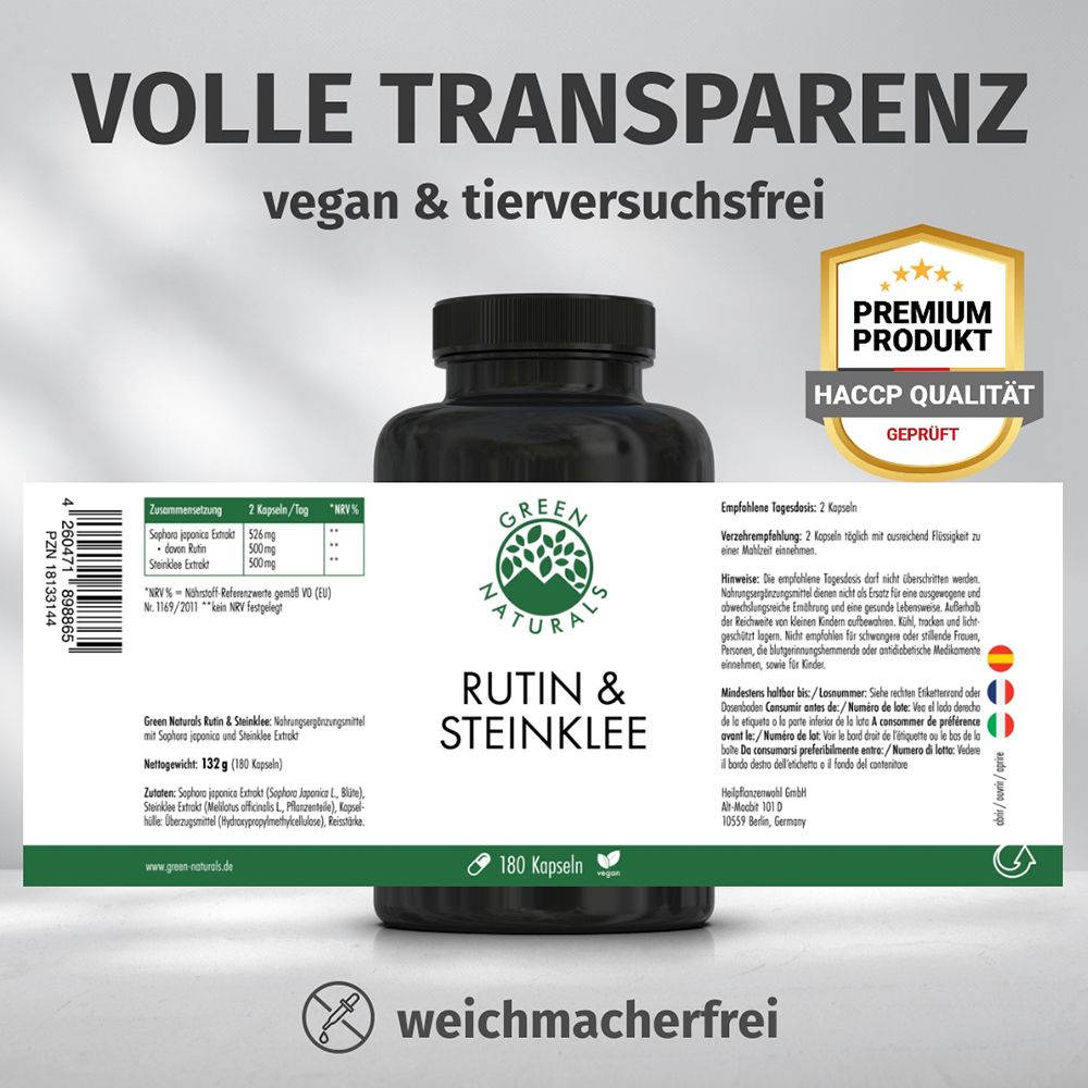 Pot Rutin & Steinklee, dos avec étiquette. "Transparence totale", "végan & sans cruauté".